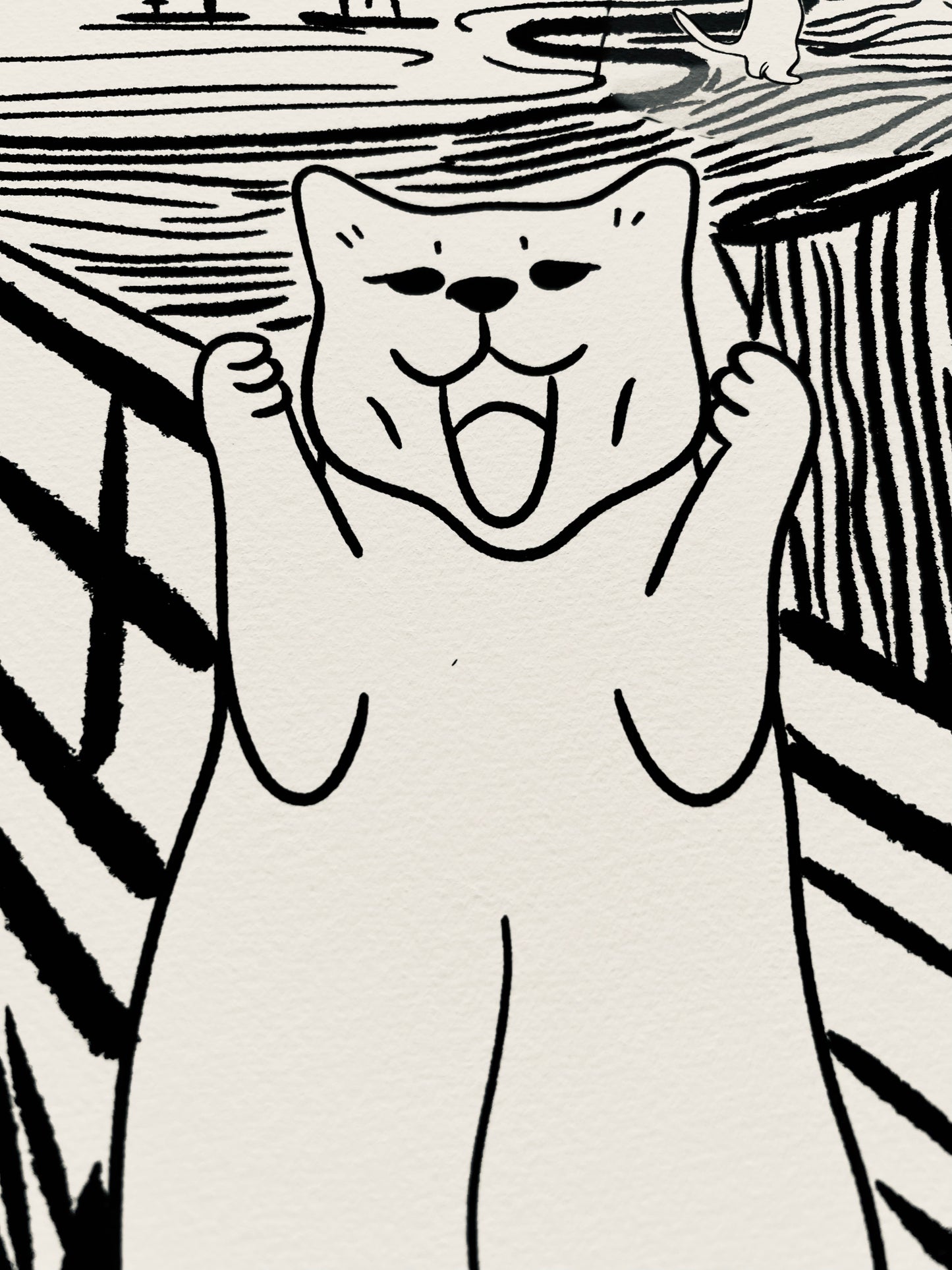 Art print of a digital illustration of cats screaming as alien kidnapped the other cats. Perfect for cat lovers and art lover, it adds whimsy to any space.