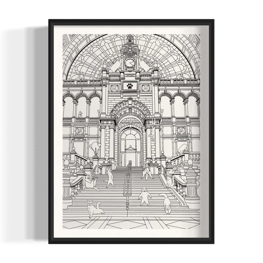Capture Antwerp's charm with our art print featuring cats around Central Station. Perfect for cat lovers and city enthusiasts, it adds whimsy to any space.