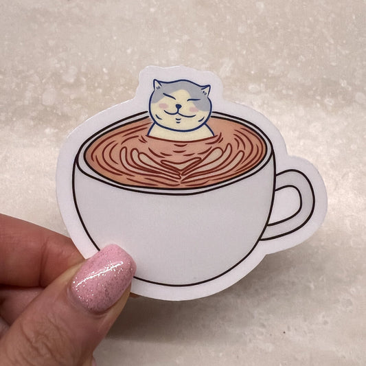 Catpuccino | Reusable Sticker, Cat Stickers, Kawaii Sticker, waterbottle Sticker, Laptop Sticker, Tear-proof sticker, Cat in a Cappuccino - Christy Chan | Artist