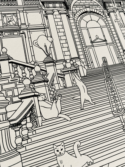 Capture Antwerp's charm with our art print featuring cats around Central Station. Perfect for cat lovers and city enthusiasts, it adds whimsy to any space.