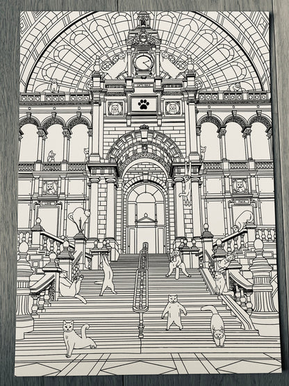 Capture Antwerp's charm with our art print featuring cats around Central Station. Perfect for cat lovers and city enthusiasts, it adds whimsy to any space.