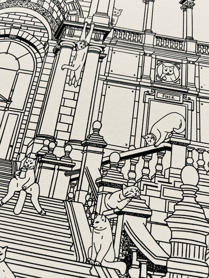 Capture Antwerp's charm with our art print featuring cats around Central Station. Perfect for cat lovers and city enthusiasts, it adds whimsy to any space.