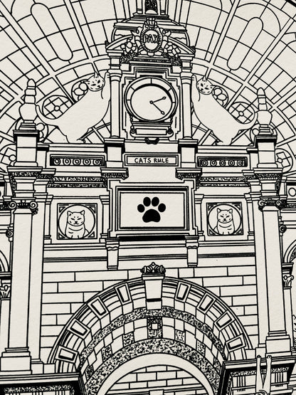 Capture Antwerp's charm with our art print featuring cats around Central Station. Perfect for cat lovers and city enthusiasts, it adds whimsy to any space.