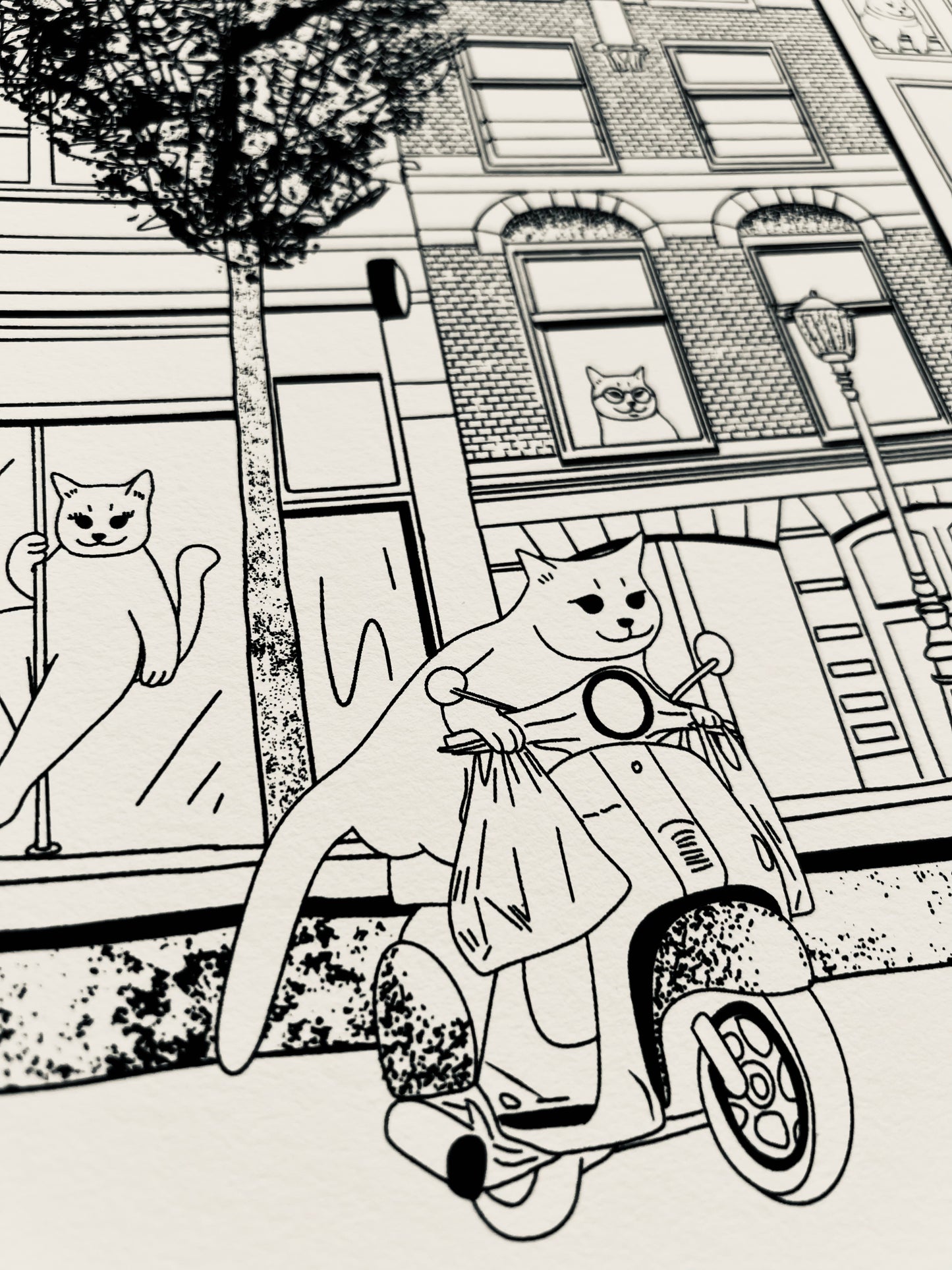 Art print of a digital illustration of cats living in a busy street of Amsterdam downtown.