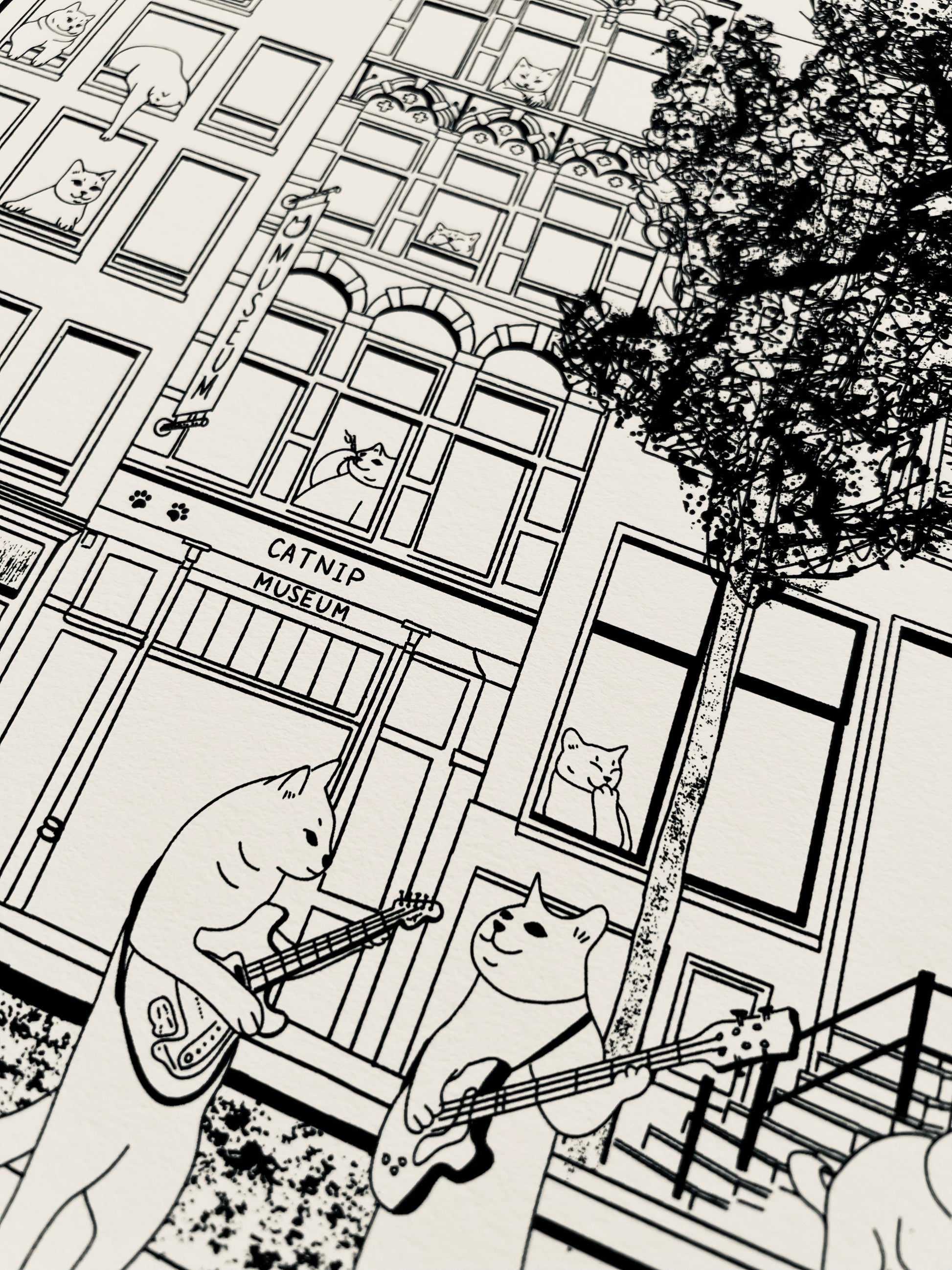 Art print of a digital illustration of cats living in a busy street of Amsterdam downtown.