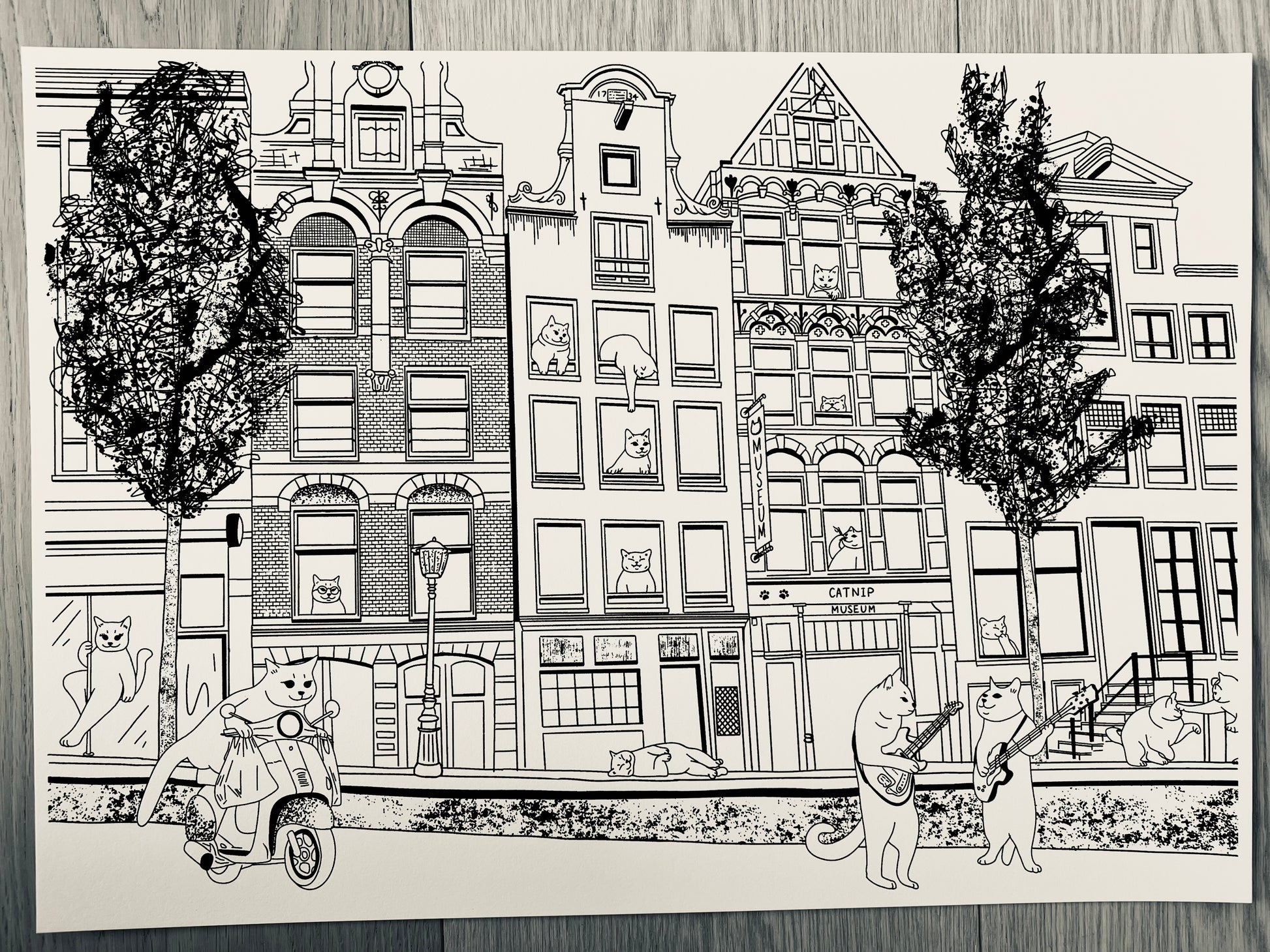 Art print of a digital illustration of cats living in a busy street of Amsterdam downtown.