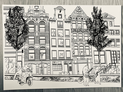 Art print of a digital illustration of cats living in a busy street of Amsterdam downtown.
