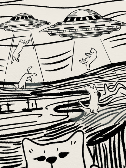 Art print of a digital illustration of cats screaming as alien kidnapped the other cats. Perfect for cat lovers and art lover, it adds whimsy to any space.