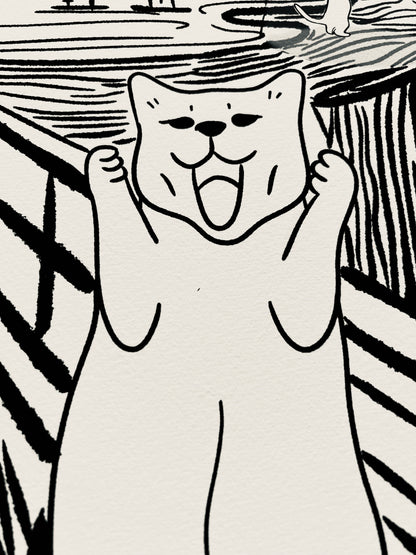 Art print of a digital illustration of cats screaming as alien kidnapped the other cats. Perfect for cat lovers and art lover, it adds whimsy to any space.