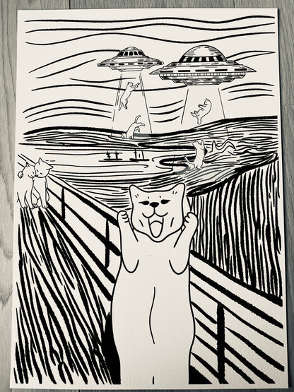 Art print of a digital illustration of cats screaming as alien kidnapped the other cats. Perfect for cat lovers and art lover, it adds whimsy to any space.