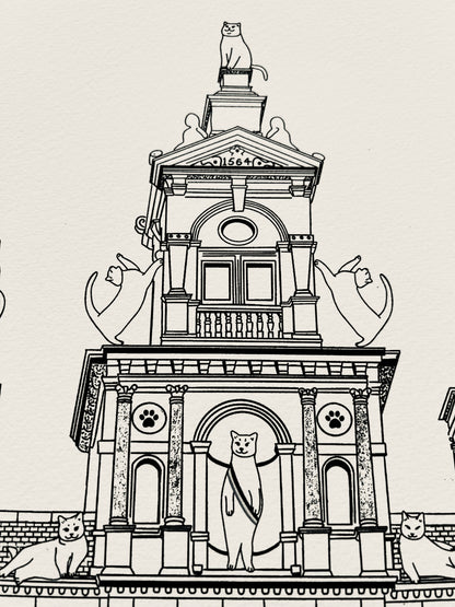 Art print of a digital illustration of cats surrounding the Antwerp city hall.
