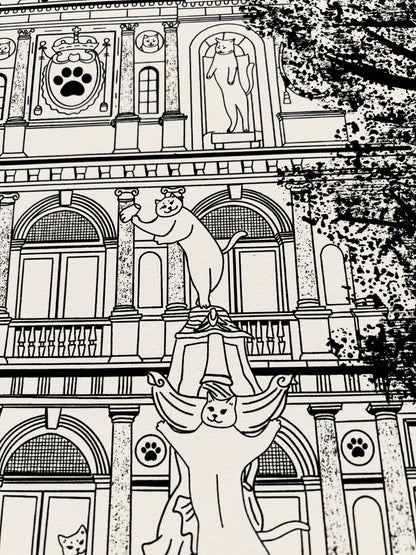 Art print of a digital illustration of cats surrounding the Antwerp city hall.