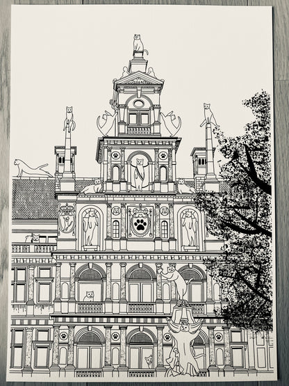 Art print of a digital illustration of cats surrounding the Antwerp city hall.