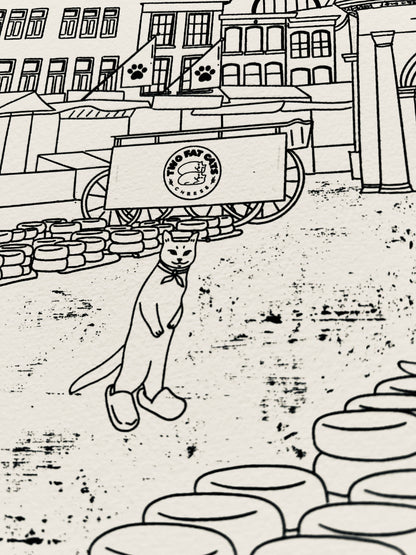 Art print of a digital illustration of cats surrounded the Gouda cheese market.