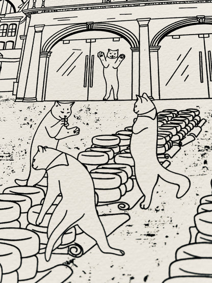 Art print of a digital illustration of cats surrounded the Gouda cheese market.