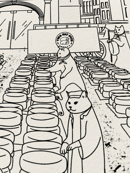 Art print of a digital illustration of cats surrounded the Gouda cheese market.