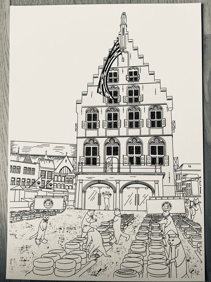 Art print of a digital illustration of cats surrounded the Gouda cheese market.