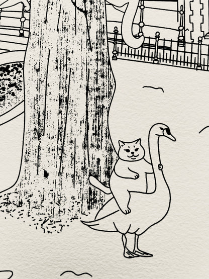 Art print of a digital illustration of cats living nearby a bridge in Bruges.