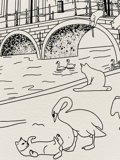 Art print of a digital illustration of cats living nearby a bridge in Bruges.