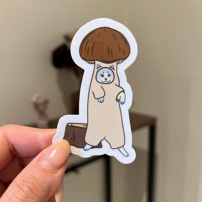 Brown shroom sticker - Reusable sticker with a cat in a mushroom costume