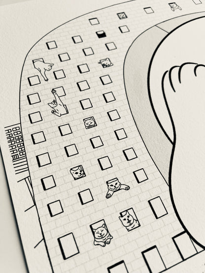 Art print of a digital illustration of cats living in the famous Rotterdam landmark - Markthal. Perfect for cat lovers and city enthusiasts, it adds whimsy to any space.