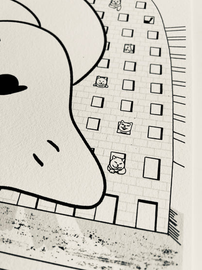 Art print of a digital illustration of cats living in the famous Rotterdam landmark - Markthal. Perfect for cat lovers and city enthusiasts, it adds whimsy to any space.