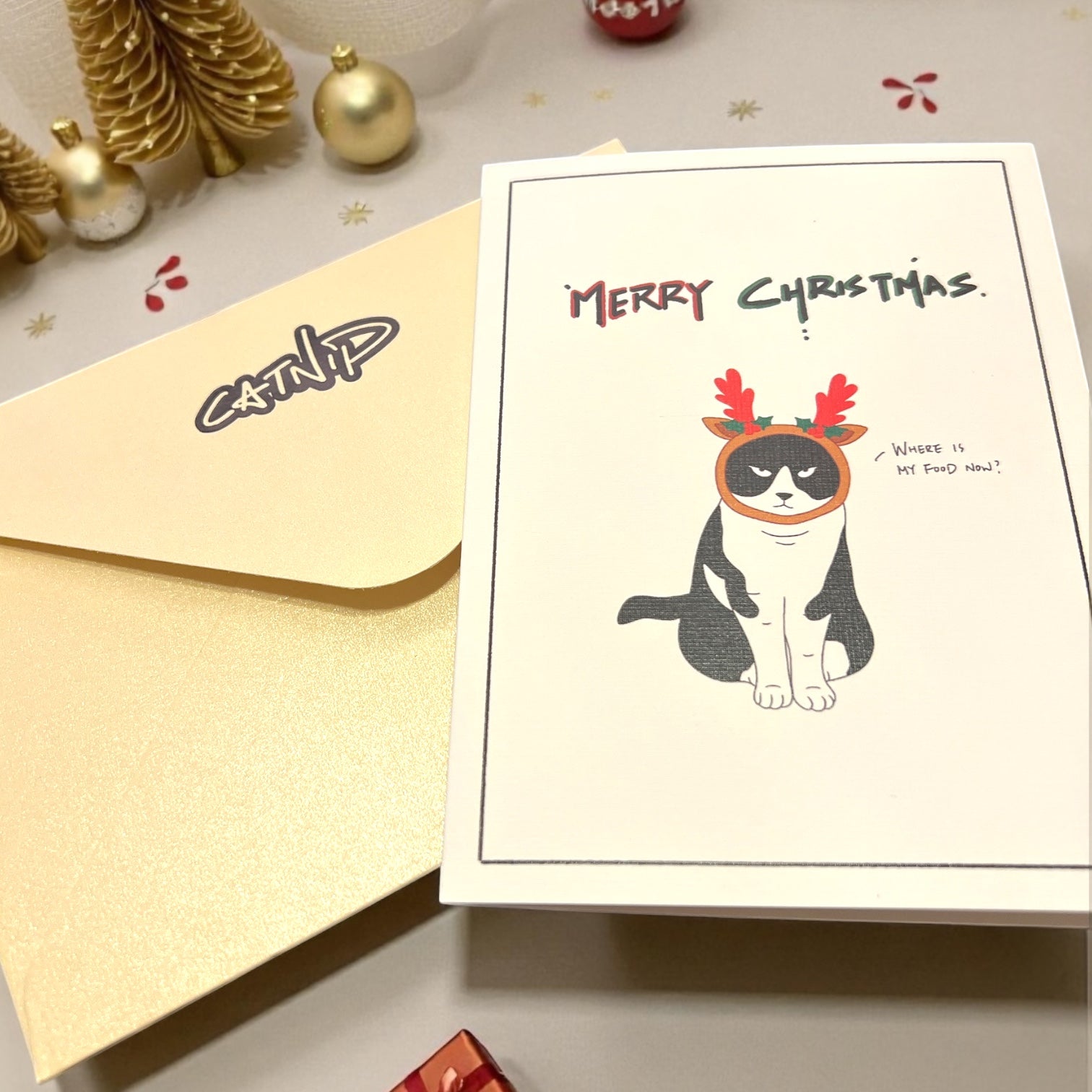 Christmas Card - Grumpy black and white cat (Envelope included) - Catnip