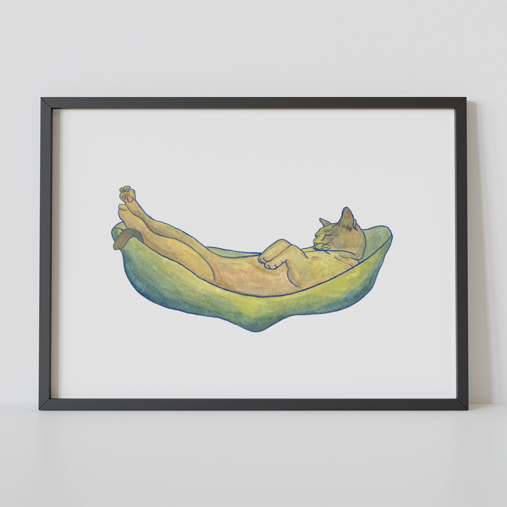 Fine art print by Christy Chan, an artist based in Antwerp, showcasing a delightful scene of a sleepy cat resting on a beanbag, evoking a sense of tranquility and comfort