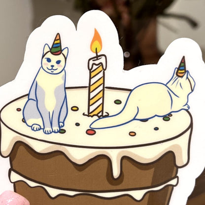 Birthday party | Reusable Sticker, Cat Stickers, Kawaii Sticker, waterbottle Sticker, Laptop Sticker, Tear-proof sticker, Cat on a cake - Christy Chan | Artist
