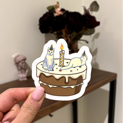 Birthday party | Reusable Sticker, Cat Stickers, Kawaii Sticker, waterbottle Sticker, Laptop Sticker, Tear-proof sticker, Cat on a cake - Christy Chan | Artist
