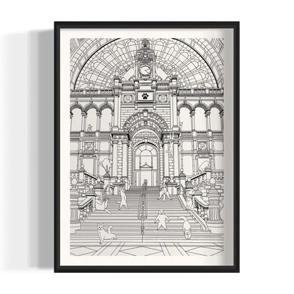 Capture Antwerp's charm with our art print featuring cats around Central Station. Perfect for cat lovers and city enthusiasts, it adds whimsy to any space.