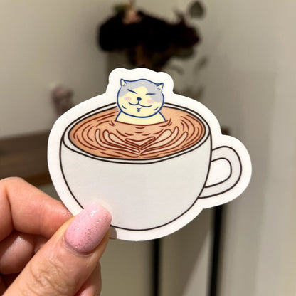 Catpuccino | Reusable Sticker, Cat Stickers, Kawaii Sticker, waterbottle Sticker, Laptop Sticker, Tear-proof sticker, Cat in a Cappuccino - Christy Chan | Artist