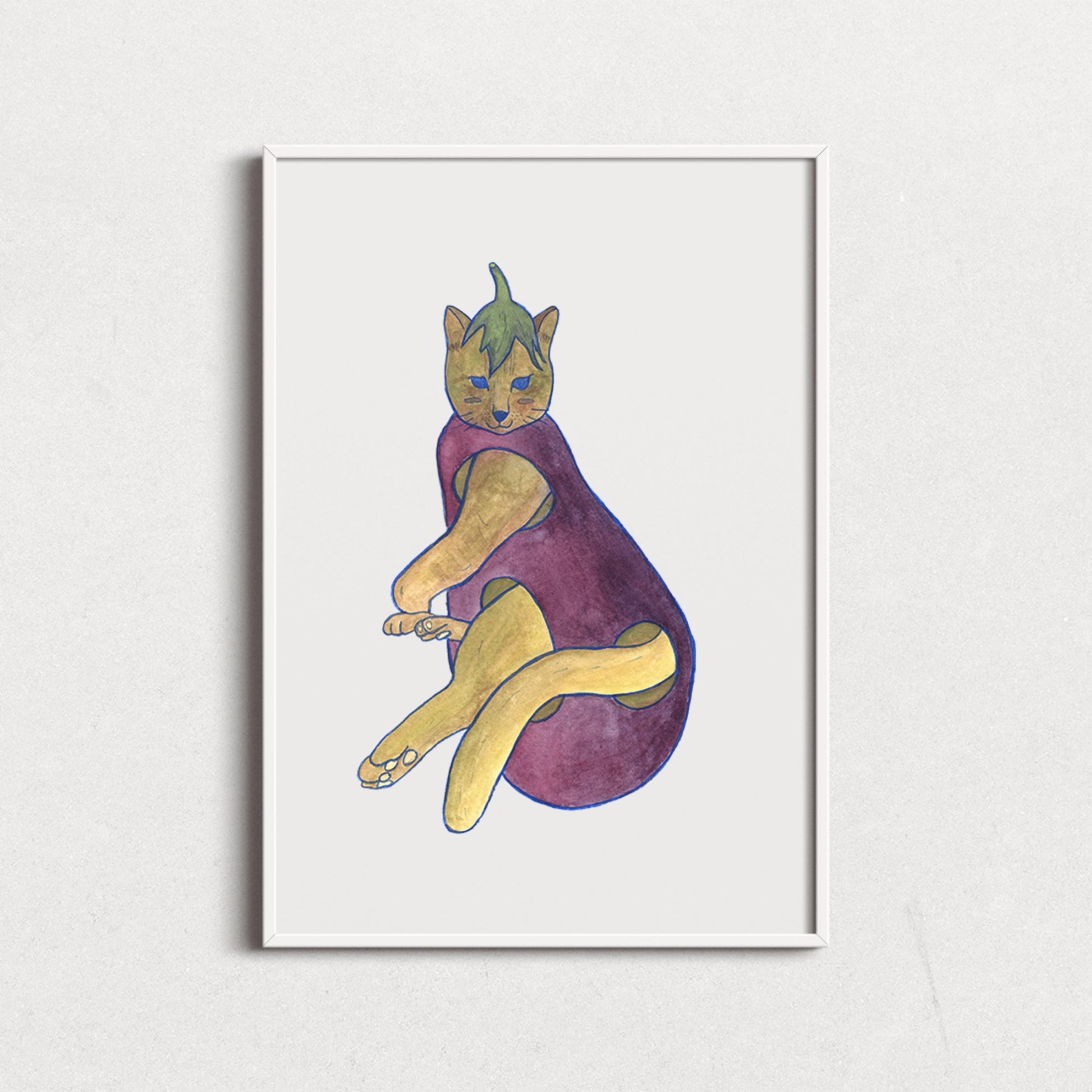 Whimsical fine art print by Christy Chan, an artist based in Antwerp, capturing the charm of a cat adorned in a playful eggplant outfit, adding a touch of humor and personality to the scene