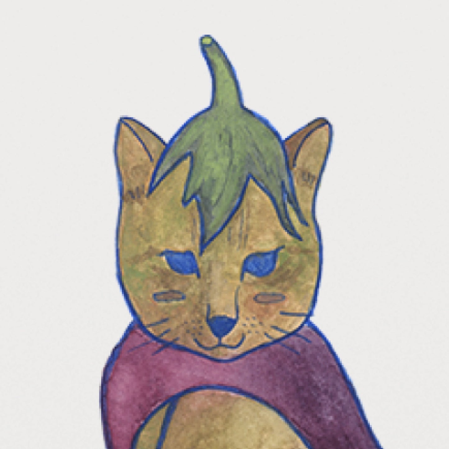 Whimsical fine art print by Christy Chan, an artist based in Antwerp, capturing the charm of a cat adorned in a playful eggplant outfit, adding a touch of humor and personality to the scene