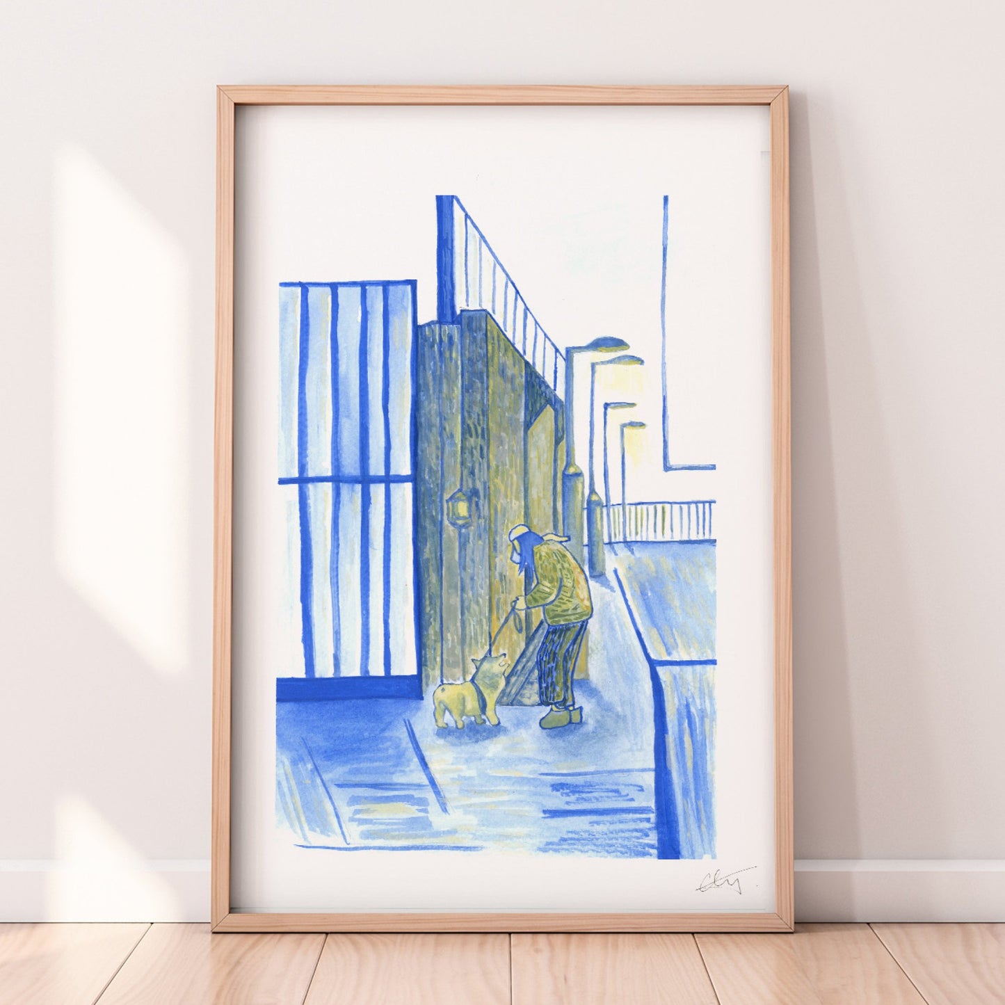 "I walk my human everyday" is a limited edition fine art print of the original watercolor painting. Available in A2, A3+, A4 and A5 size. All prints are sold unframed, and have a border area to accommodate standard edge to edge framing without using a mat. Each is printed on high-quality, smooth textured, matte, 140 lb / 330 gsm weight hot pressed archival fine art paper by our local fine art printer, and will be signed and numbered by hand.